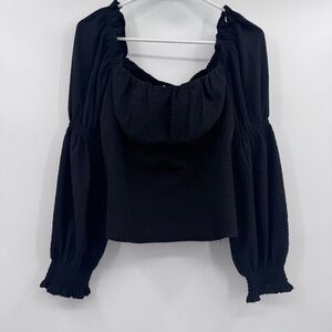 Astr The Label Top Women XL Black Long Puff Sleeves Cropped Smocked Peasant Goth